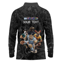 Custom Rugby Southern Hemisphere Long Sleeve Polo Shirt Argentina AUNZ South Africa Mascot Black - Wonder Print Shop
