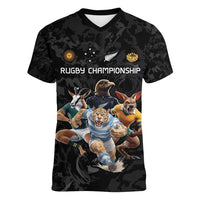 Custom Rugby Southern Hemisphere Women V-Neck T-Shirt Argentina AUNZ South Africa Mascot Black - Wonder Print Shop