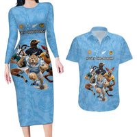 Custom Rugby Southern Hemisphere Couples Matching Long Sleeve Bodycon Dress and Hawaiian Shirt Argentina AUNZ South Africa Mascot Blue - Wonder Print Shop