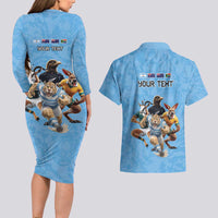 Custom Rugby Southern Hemisphere Couples Matching Long Sleeve Bodycon Dress and Hawaiian Shirt Argentina AUNZ South Africa Mascot Blue - Wonder Print Shop