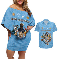 Custom Rugby Southern Hemisphere Couples Matching Off Shoulder Short Dress and Hawaiian Shirt Argentina AUNZ South Africa Mascot Blue - Wonder Print Shop