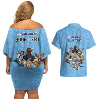 Custom Rugby Southern Hemisphere Couples Matching Off Shoulder Short Dress and Hawaiian Shirt Argentina AUNZ South Africa Mascot Blue - Wonder Print Shop