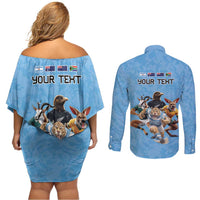 Custom Rugby Southern Hemisphere Couples Matching Off Shoulder Short Dress and Long Sleeve Button Shirt Argentina AUNZ South Africa Mascot Blue - Wonder Print Shop