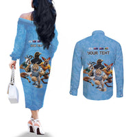 Custom Rugby Southern Hemisphere Couples Matching Off The Shoulder Long Sleeve Dress and Long Sleeve Button Shirt Argentina AUNZ South Africa Mascot Blue - Wonder Print Shop