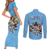 Custom Rugby Southern Hemisphere Couples Matching Short Sleeve Bodycon Dress and Long Sleeve Button Shirt Argentina AUNZ South Africa Mascot Blue - Wonder Print Shop