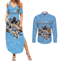 Custom Rugby Southern Hemisphere Couples Matching Summer Maxi Dress and Long Sleeve Button Shirt Argentina AUNZ South Africa Mascot Blue - Wonder Print Shop