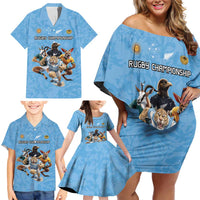 Custom Rugby Southern Hemisphere Family Matching Off Shoulder Short Dress and Hawaiian Shirt Argentina AUNZ South Africa Mascot Blue - Wonder Print Shop