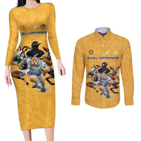 Custom Rugby Southern Hemisphere Couples Matching Long Sleeve Bodycon Dress and Long Sleeve Button Shirt Argentina AUNZ South Africa Mascot Gold - Wonder Print Shop