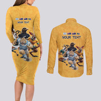 Custom Rugby Southern Hemisphere Couples Matching Long Sleeve Bodycon Dress and Long Sleeve Button Shirt Argentina AUNZ South Africa Mascot Gold - Wonder Print Shop