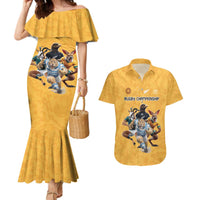Custom Rugby Southern Hemisphere Couples Matching Mermaid Dress and Hawaiian Shirt Argentina AUNZ South Africa Mascot Gold - Wonder Print Shop