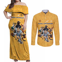 Custom Rugby Southern Hemisphere Couples Matching Off Shoulder Maxi Dress and Long Sleeve Button Shirt Argentina AUNZ South Africa Mascot Gold - Wonder Print Shop