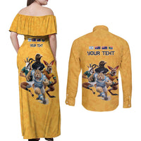 Custom Rugby Southern Hemisphere Couples Matching Off Shoulder Maxi Dress and Long Sleeve Button Shirt Argentina AUNZ South Africa Mascot Gold - Wonder Print Shop