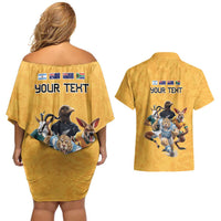Custom Rugby Southern Hemisphere Couples Matching Off Shoulder Short Dress and Hawaiian Shirt Argentina AUNZ South Africa Mascot Gold - Wonder Print Shop