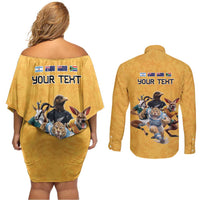 Custom Rugby Southern Hemisphere Couples Matching Off Shoulder Short Dress and Long Sleeve Button Shirt Argentina AUNZ South Africa Mascot Gold - Wonder Print Shop