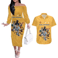 Custom Rugby Southern Hemisphere Couples Matching Off The Shoulder Long Sleeve Dress and Hawaiian Shirt Argentina AUNZ South Africa Mascot Gold - Wonder Print Shop