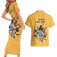 Custom Rugby Southern Hemisphere Couples Matching Short Sleeve Bodycon Dress and Hawaiian Shirt Argentina AUNZ South Africa Mascot Gold - Wonder Print Shop