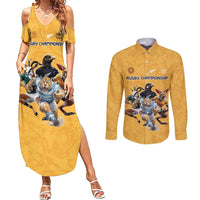 Custom Rugby Southern Hemisphere Couples Matching Summer Maxi Dress and Long Sleeve Button Shirt Argentina AUNZ South Africa Mascot Gold - Wonder Print Shop