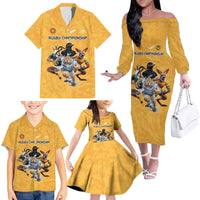 Custom Rugby Southern Hemisphere Family Matching Off The Shoulder Long Sleeve Dress and Hawaiian Shirt Argentina AUNZ South Africa Mascot Gold - Wonder Print Shop