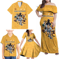 Custom Rugby Southern Hemisphere Family Matching Off Shoulder Maxi Dress and Hawaiian Shirt Argentina AUNZ South Africa Mascot Gold - Wonder Print Shop