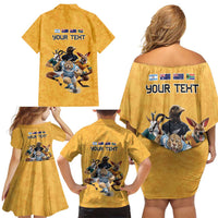 Custom Rugby Southern Hemisphere Family Matching Off Shoulder Short Dress and Hawaiian Shirt Argentina AUNZ South Africa Mascot Gold - Wonder Print Shop