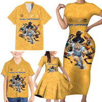 Custom Rugby Southern Hemisphere Family Matching Short Sleeve Bodycon Dress and Hawaiian Shirt Argentina AUNZ South Africa Mascot Gold - Wonder Print Shop