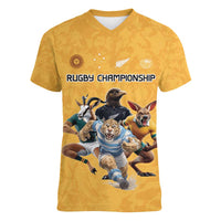 Custom Rugby Southern Hemisphere Women V-Neck T-Shirt Argentina AUNZ South Africa Mascot Gold - Wonder Print Shop
