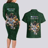 Custom Rugby Southern Hemisphere Couples Matching Long Sleeve Bodycon Dress and Hawaiian Shirt Argentina AUNZ South Africa Mascot Green - Wonder Print Shop