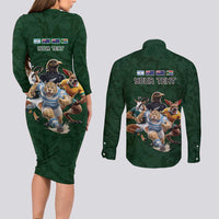 Custom Rugby Southern Hemisphere Couples Matching Long Sleeve Bodycon Dress and Long Sleeve Button Shirt Argentina AUNZ South Africa Mascot Green - Wonder Print Shop
