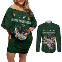 Custom Rugby Southern Hemisphere Couples Matching Off Shoulder Short Dress and Long Sleeve Button Shirt Argentina AUNZ South Africa Mascot Green - Wonder Print Shop