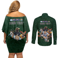 Custom Rugby Southern Hemisphere Couples Matching Off Shoulder Short Dress and Long Sleeve Button Shirt Argentina AUNZ South Africa Mascot Green - Wonder Print Shop