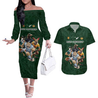Custom Rugby Southern Hemisphere Couples Matching Off The Shoulder Long Sleeve Dress and Hawaiian Shirt Argentina AUNZ South Africa Mascot Green - Wonder Print Shop