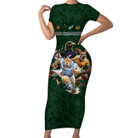 Custom Rugby Southern Hemisphere Family Matching Short Sleeve Bodycon Dress and Hawaiian Shirt Argentina AUNZ South Africa Mascot Green - Wonder Print Shop