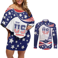 Personalized USA Swimming Couples Matching Off Shoulder Short Dress and Long Sleeve Button Shirt One For All Summer Sport LT9 - Wonder Print Shop