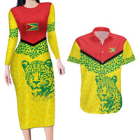 Custom Guyana Golden Jaguars Couples Matching Long Sleeve Bodycon Dress and Hawaiian Shirt Heritage Flame Edition - Wonder Print Shop