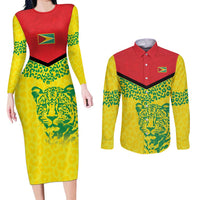 Custom Guyana Golden Jaguars Couples Matching Long Sleeve Bodycon Dress and Long Sleeve Button Shirt Heritage Flame Edition - Wonder Print Shop