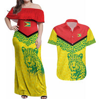 Custom Guyana Golden Jaguars Couples Matching Off Shoulder Maxi Dress and Hawaiian Shirt Heritage Flame Edition - Wonder Print Shop
