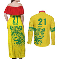Custom Guyana Golden Jaguars Couples Matching Off Shoulder Maxi Dress and Long Sleeve Button Shirt Heritage Flame Edition - Wonder Print Shop
