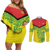 Custom Guyana Golden Jaguars Couples Matching Off Shoulder Short Dress and Long Sleeve Button Shirt Heritage Flame Edition - Wonder Print Shop