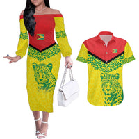 Custom Guyana Golden Jaguars Couples Matching Off The Shoulder Long Sleeve Dress and Hawaiian Shirt Heritage Flame Edition - Wonder Print Shop