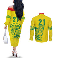 Custom Guyana Golden Jaguars Couples Matching Off The Shoulder Long Sleeve Dress and Long Sleeve Button Shirt Heritage Flame Edition - Wonder Print Shop