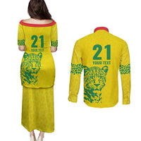 Custom Guyana Golden Jaguars Couples Matching Puletasi and Long Sleeve Button Shirt Heritage Flame Edition - Wonder Print Shop
