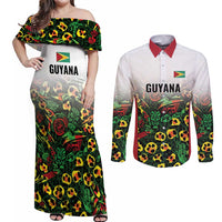 Custom Guyana Football Couples Matching Off Shoulder Maxi Dress and Long Sleeve Button Shirt Spirit of the Jaguar - White - Wonder Print Shop