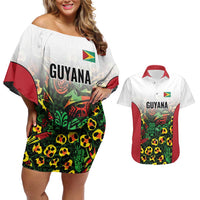 Custom Guyana Football Couples Matching Off Shoulder Short Dress and Hawaiian Shirt Spirit of the Jaguar - White - Wonder Print Shop