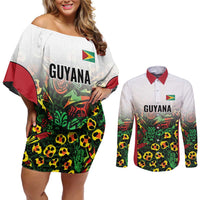 Custom Guyana Football Couples Matching Off Shoulder Short Dress and Long Sleeve Button Shirt Spirit of the Jaguar - White - Wonder Print Shop