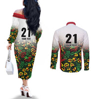 Custom Guyana Football Couples Matching Off The Shoulder Long Sleeve Dress and Long Sleeve Button Shirt Spirit of the Jaguar - White - Wonder Print Shop