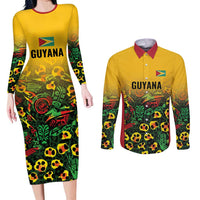 Custom Guyana Football Couples Matching Long Sleeve Bodycon Dress and Long Sleeve Button Shirt Spirit of the Jaguar - Yellow - Wonder Print Shop