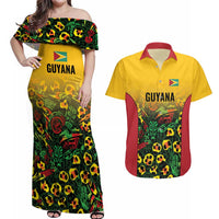 Custom Guyana Football Couples Matching Off Shoulder Maxi Dress and Hawaiian Shirt Spirit of the Jaguar - Yellow - Wonder Print Shop