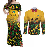 Custom Guyana Football Couples Matching Off Shoulder Maxi Dress and Long Sleeve Button Shirt Spirit of the Jaguar - Yellow - Wonder Print Shop
