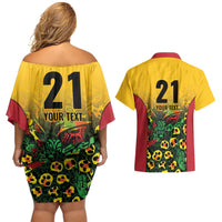 Custom Guyana Football Couples Matching Off Shoulder Short Dress and Hawaiian Shirt Spirit of the Jaguar - Yellow - Wonder Print Shop