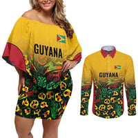 Custom Guyana Football Couples Matching Off Shoulder Short Dress and Long Sleeve Button Shirt Spirit of the Jaguar - Yellow - Wonder Print Shop